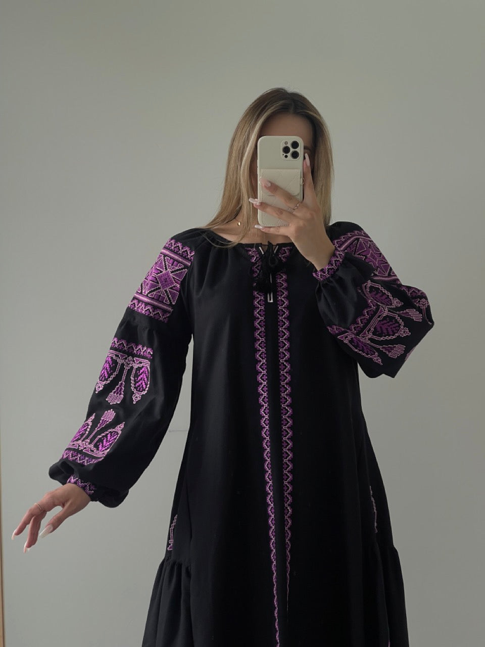 The Black Dress with Purple Embroidery