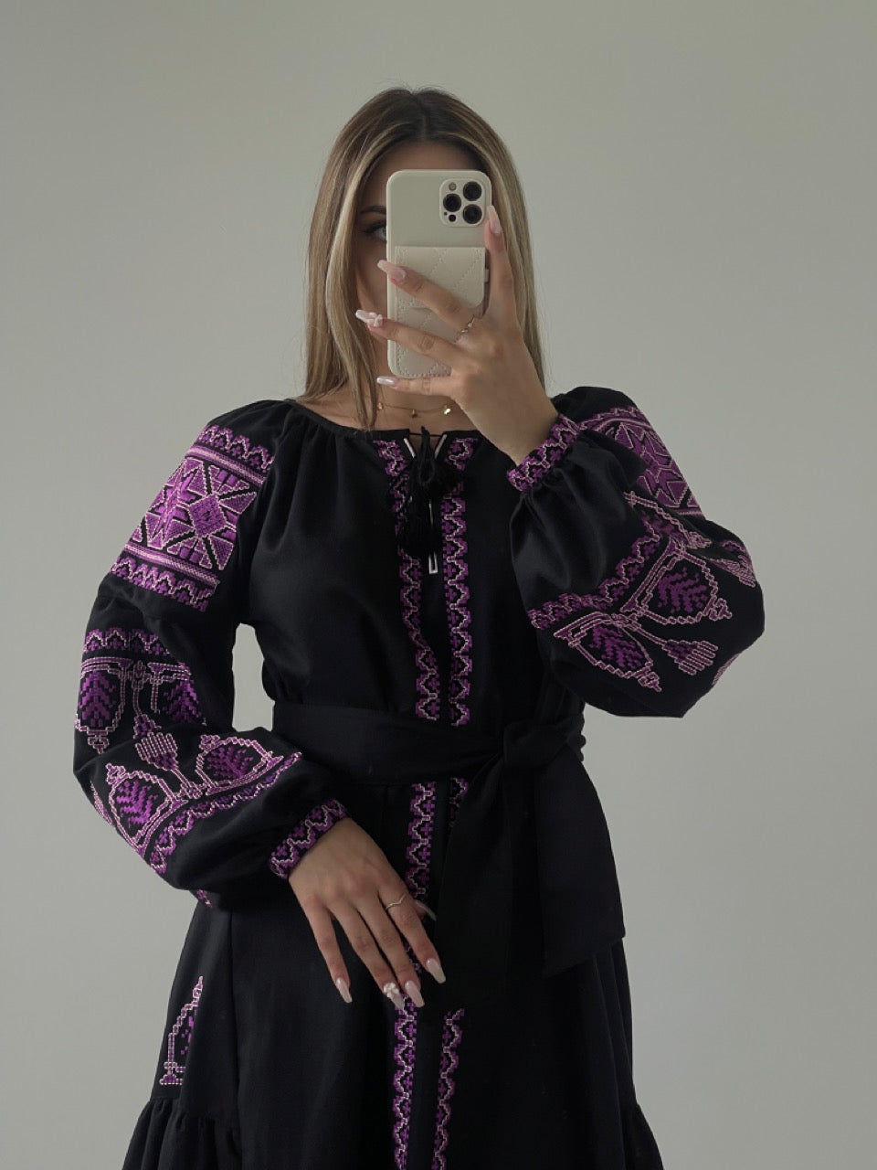 The Black Dress with Purple Embroidery