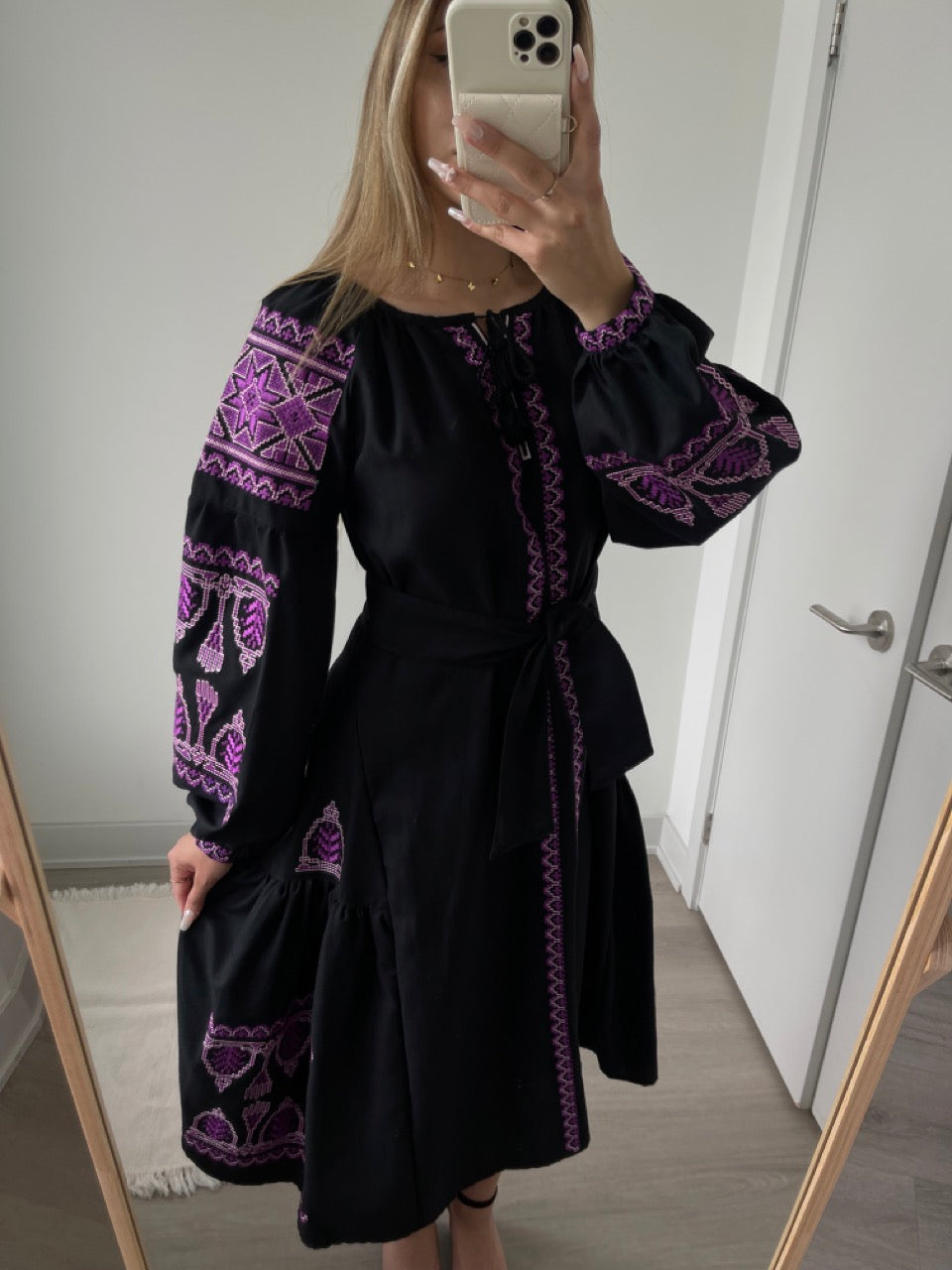 The Black Dress with Purple Embroidery