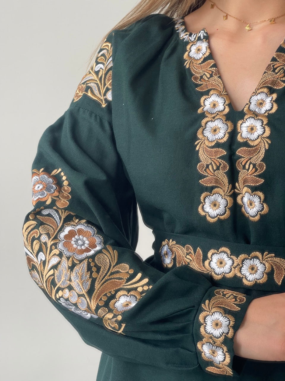 The Dark Green Dress with Golden Embroidery