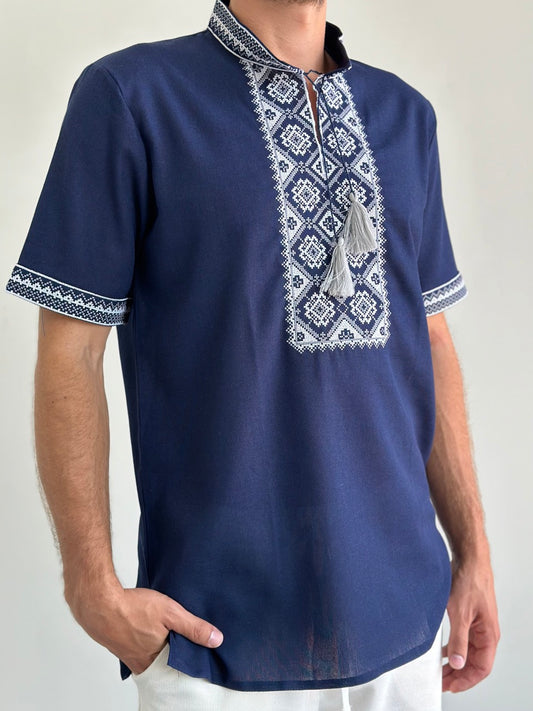 Dark Blue Men's Vyshyvanka with Short Sleeves and White Embroidery