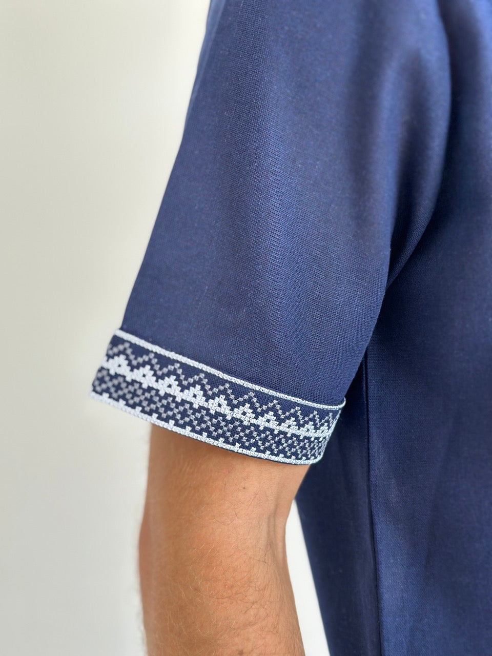 Dark Blue Men's Vyshyvanka with Short Sleeves and White Embroidery