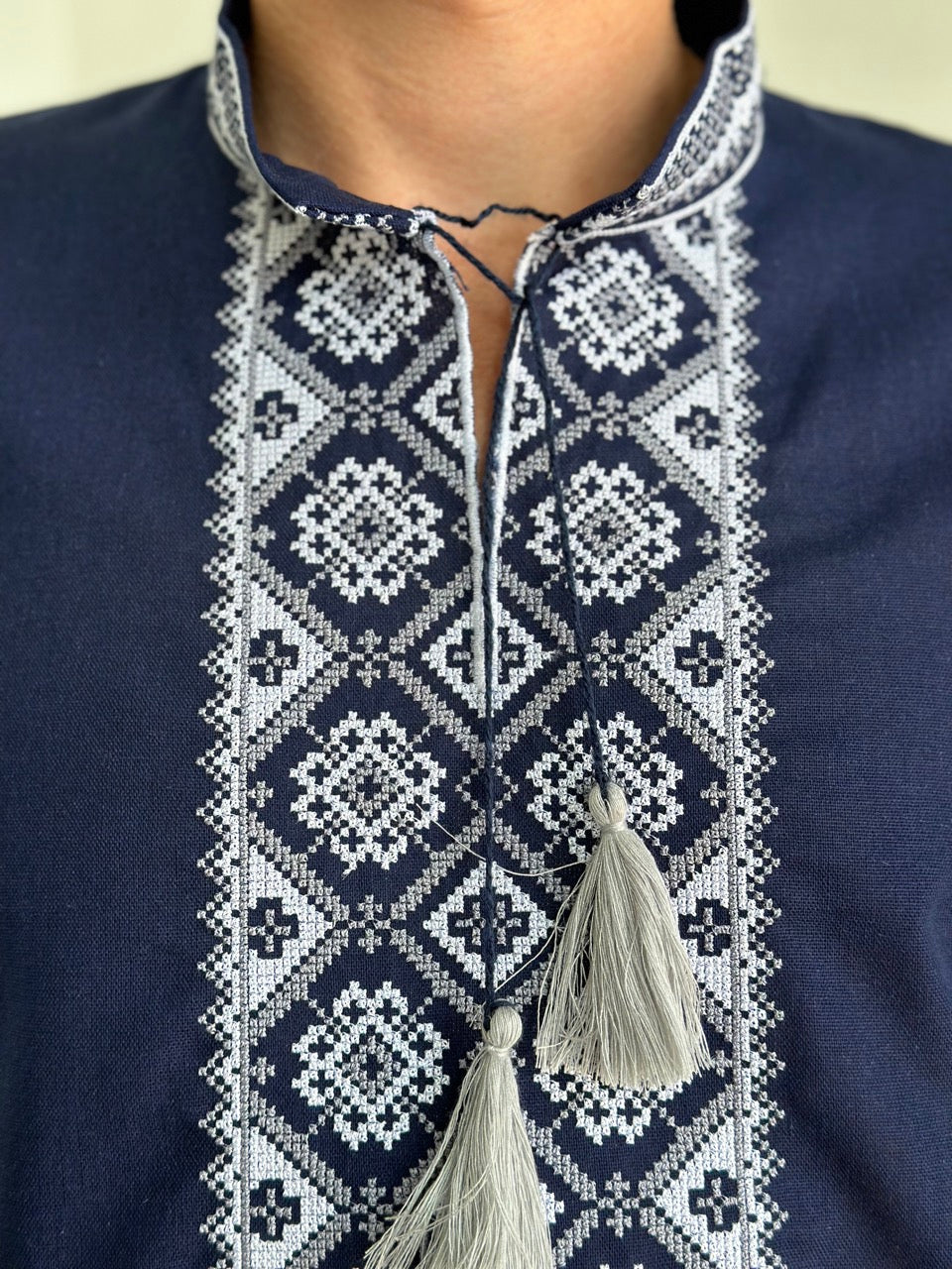 Dark Blue Men's Vyshyvanka with Short Sleeves and White Embroidery