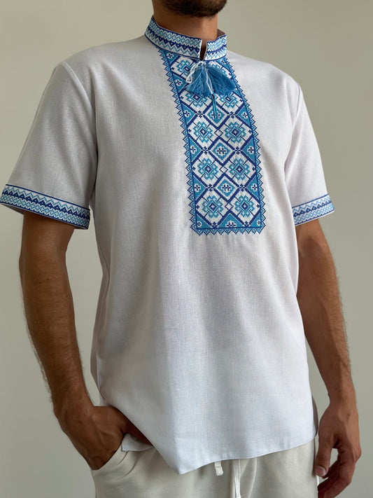 White Men's Vyshyvanka with Short Sleeves and Blue Embroidery