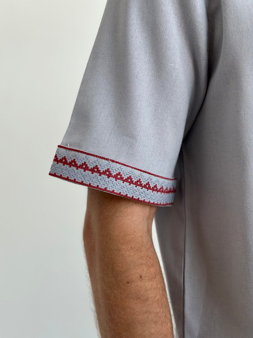 Grey Men's Vyshyvanka with Short Sleeves and Red Embroidery