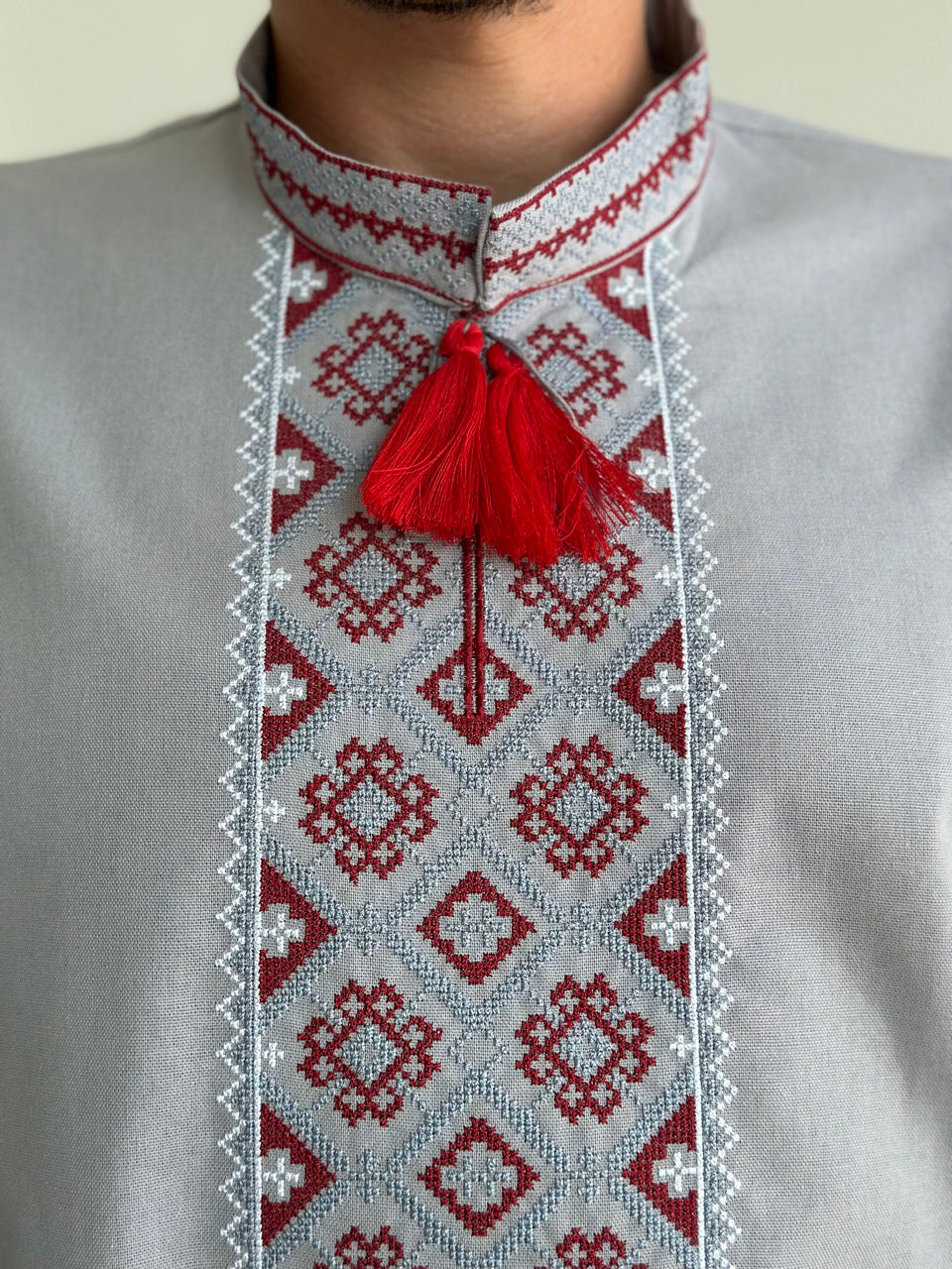 Grey Men's Vyshyvanka with Short Sleeves and Red Embroidery