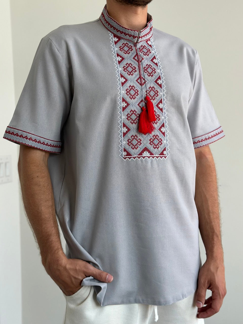 Grey Men's Vyshyvanka with Short Sleeves and Red Embroidery