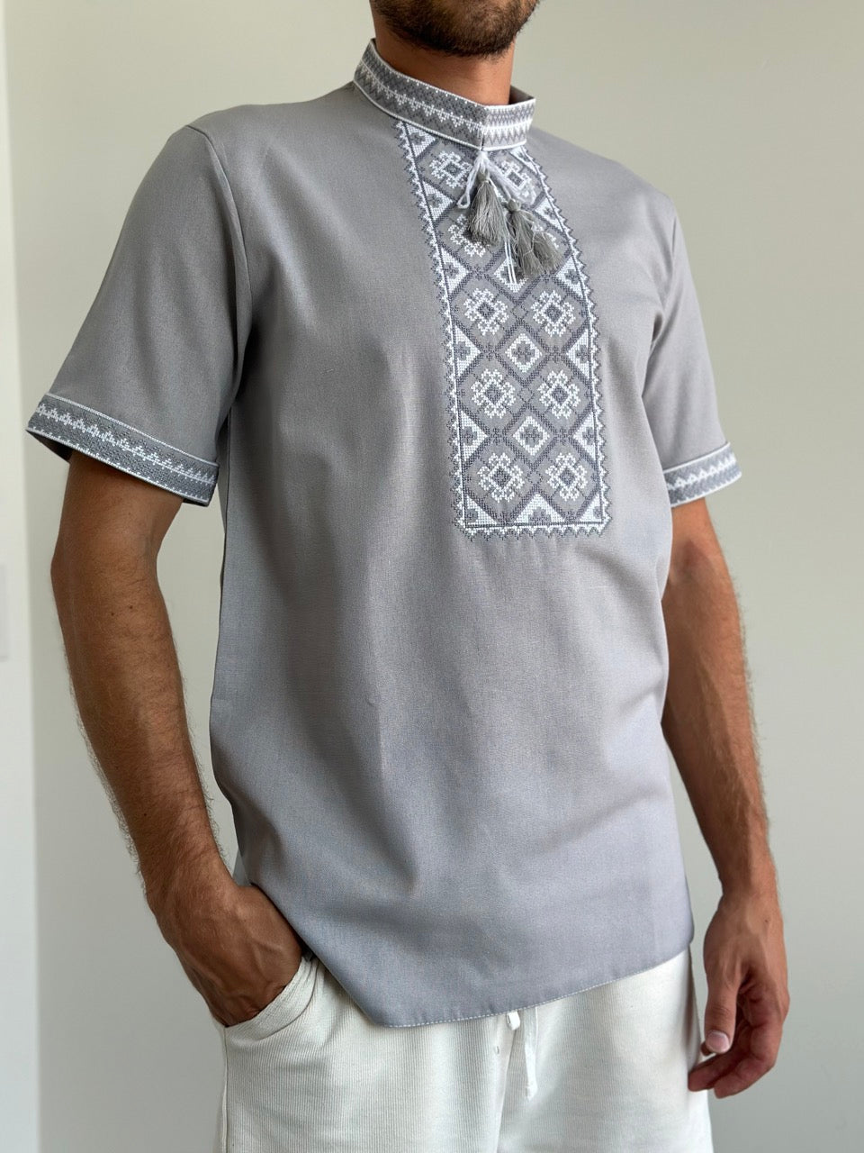 Grey Men's Vyshyvanka with Short Sleeves and White Embroidery