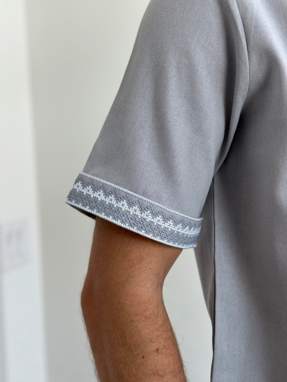 Grey Men's Vyshyvanka with Short Sleeves and White Embroidery