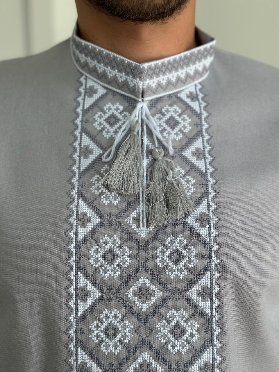 Grey Men's Vyshyvanka with Short Sleeves and White Embroidery