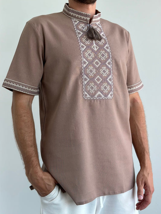 Brown Men's Vyshyvanka with Short Sleeves and White Embroidery