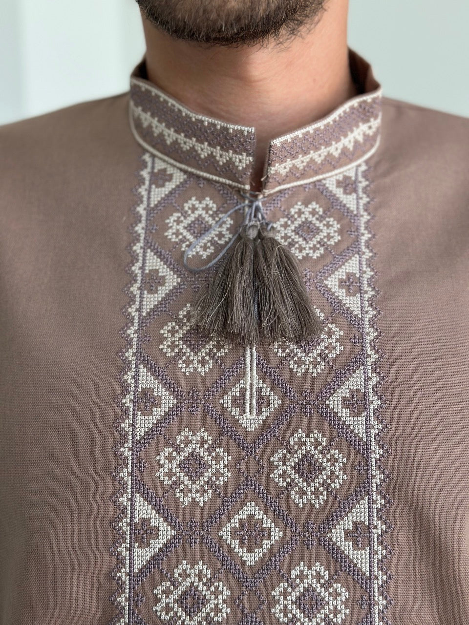 Brown Men's Vyshyvanka with Short Sleeves and White Embroidery