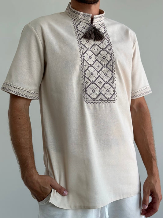 Ivory Men's Vyshyvanka with Short Sleeves and Brown Embroidery
