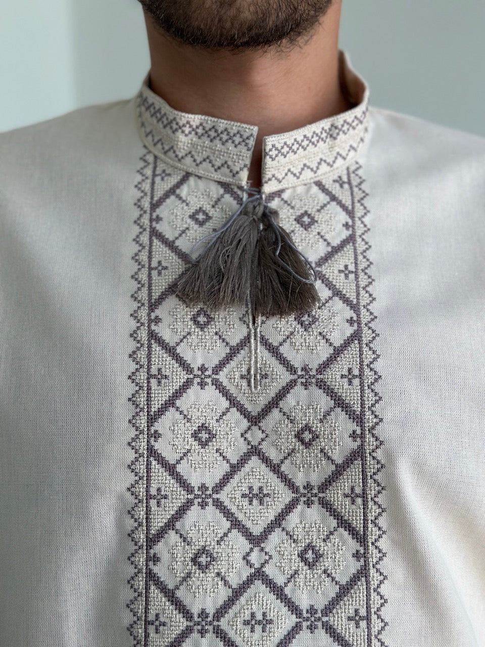 Ivory Men's Vyshyvanka with Short Sleeves and Brown Embroidery