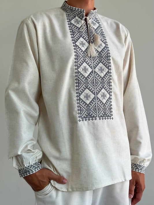 Beige Linen Shirt with Grey Embroidery