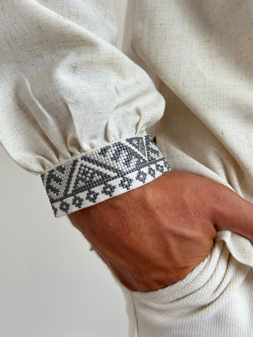 Beige Linen Shirt with Grey Embroidery