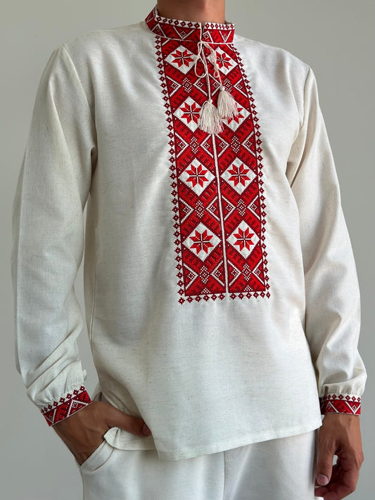 Beige Linen Shirt with Red Embroidery