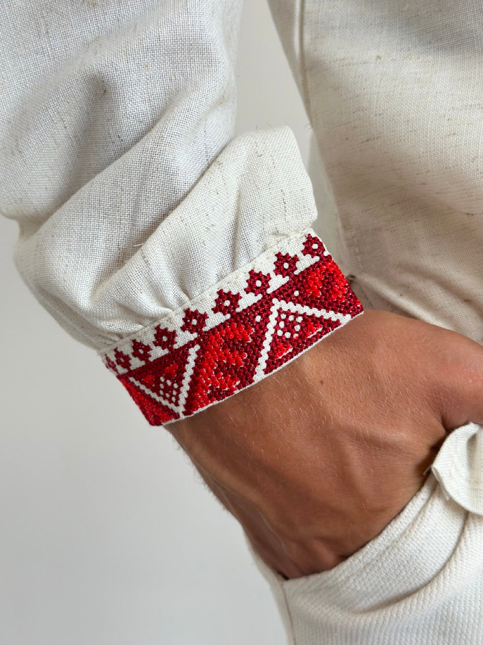 Beige Linen Shirt with Red Embroidery