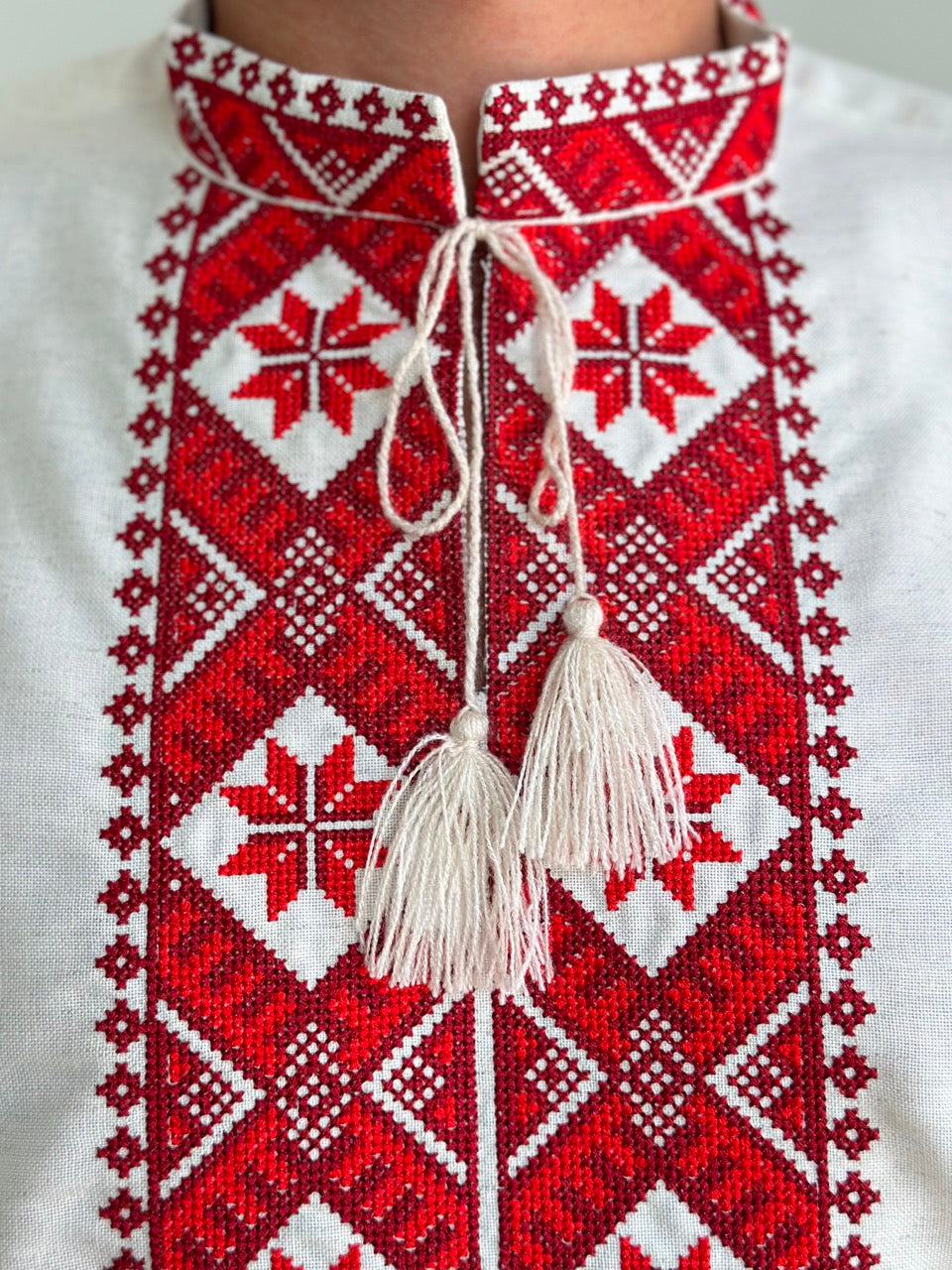 Beige Linen Shirt with Red Embroidery