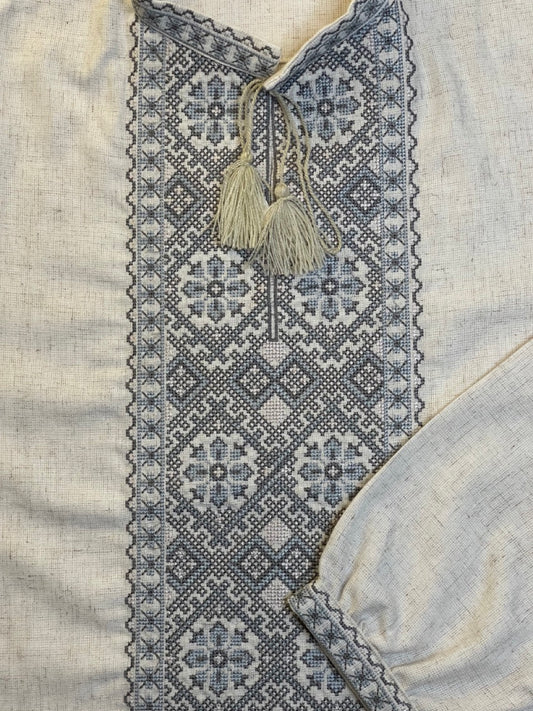 Beige Linen Men's Vyshyvanka with Grey&Blue Embroidery