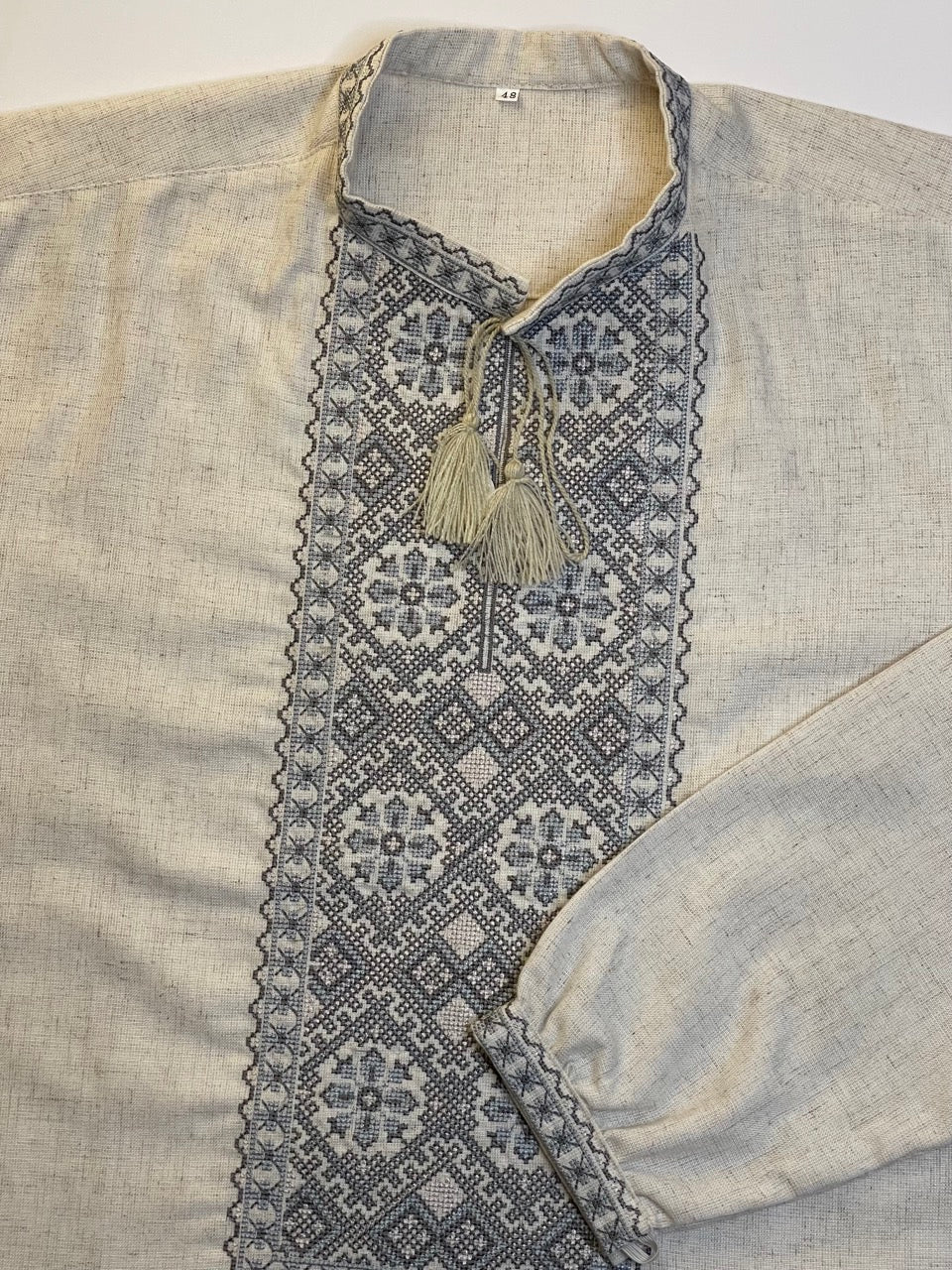 Beige Linen Men's Vyshyvanka with Grey&Blue Embroidery