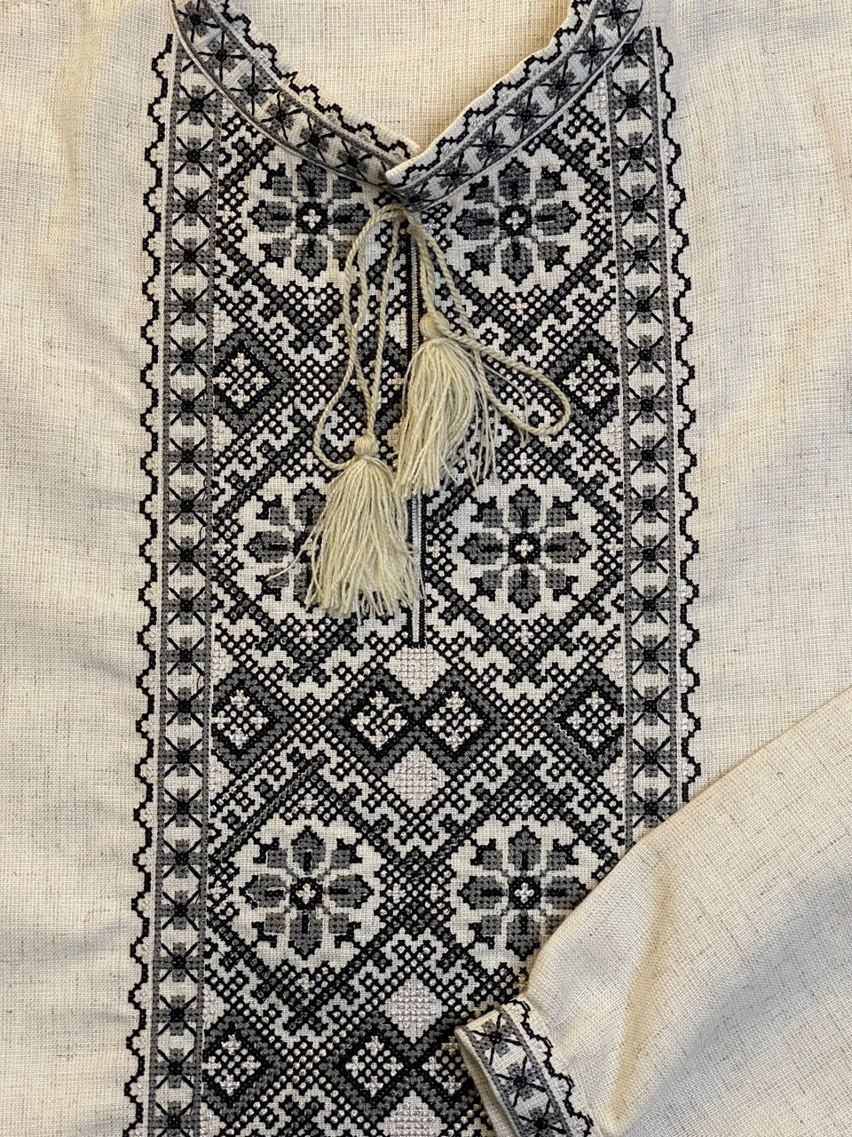 Beige Linen Men's Vyshyvanka with Black&Grey Embroidery