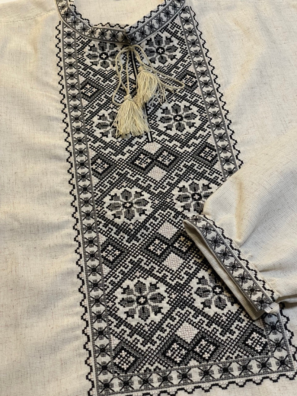 Beige Linen Men's Vyshyvanka with Black&Grey Embroidery