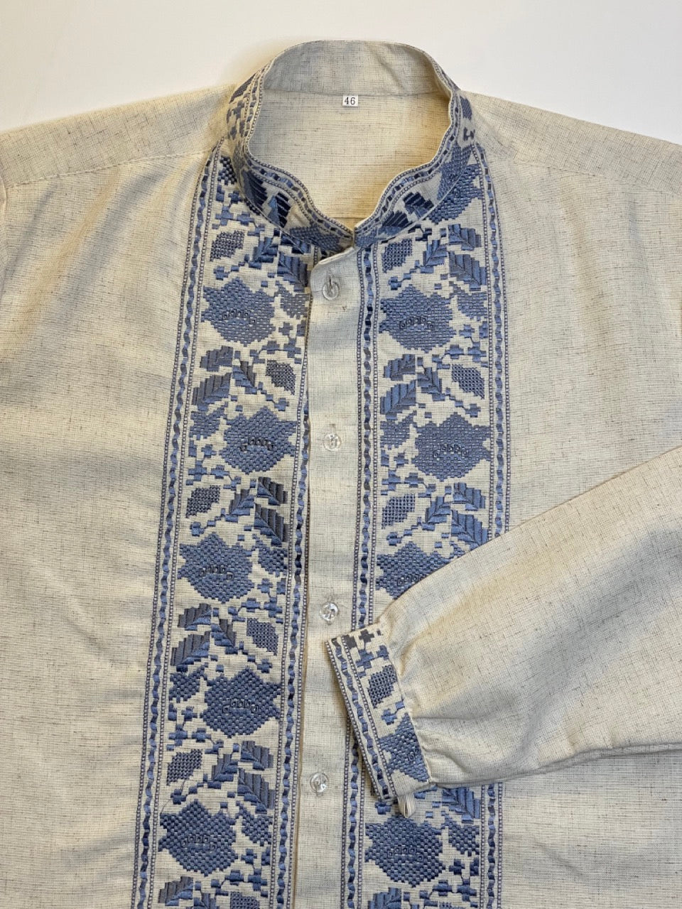 Beige Linen Men's Ukrainian Vyshyvanka with Blue Embroidery