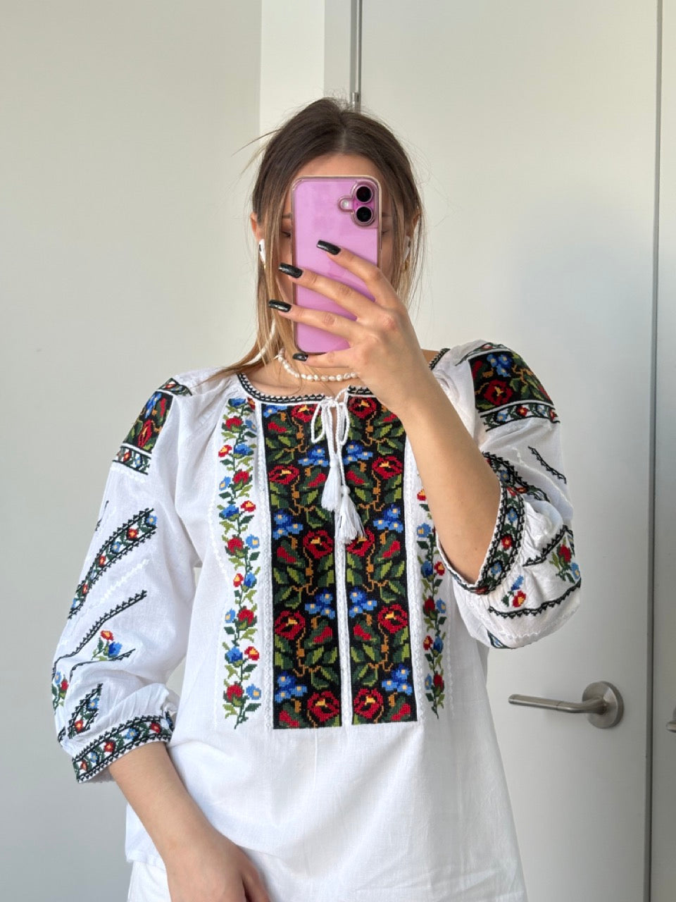 White Embroidered Batiste 3/4 Sleeve Women's Blouse with Flowers - Pattern 3