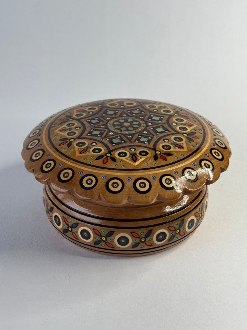 Handmade Round Large Wooden Box with Inlay