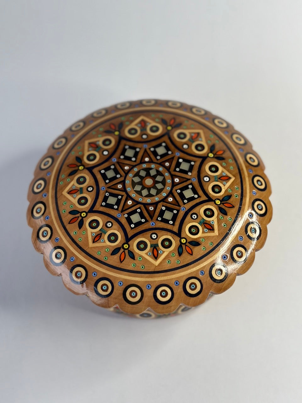 Handmade Round Large Wooden Box with Inlay