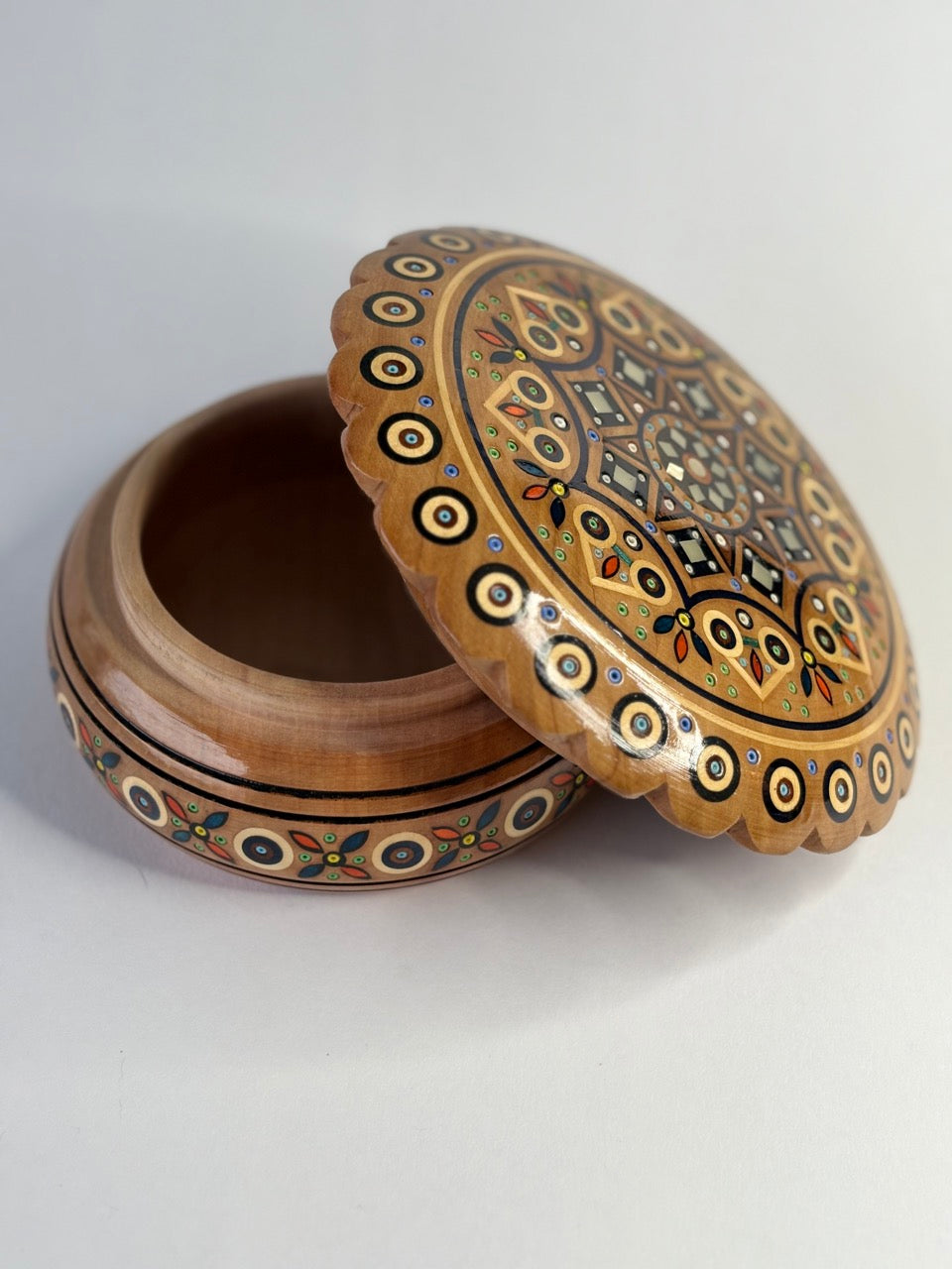 Handmade Round Large Wooden Box with Inlay