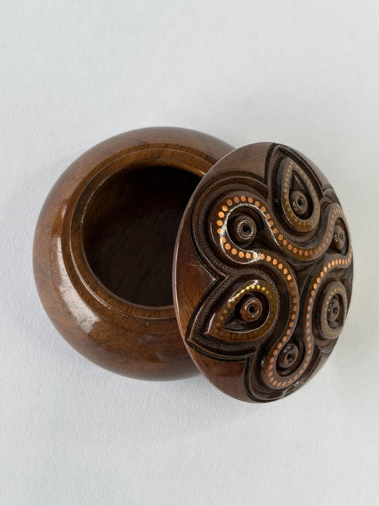 Handmade Dark Round Wooden Box with Carving & Gold Inlay - Pattern 1