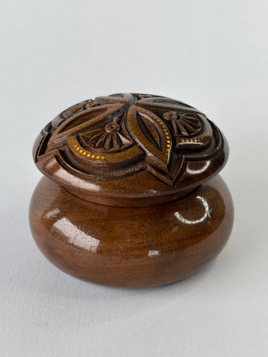 Handmade Dark Round Wooden Box with Carving & Gold Inlay - Pattern 2