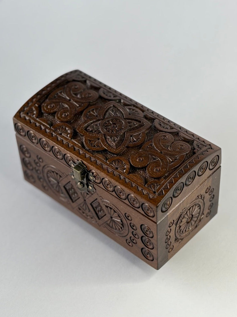 Handmade Dark Large Rectangular Wooden Box with Carving - Pattern 2