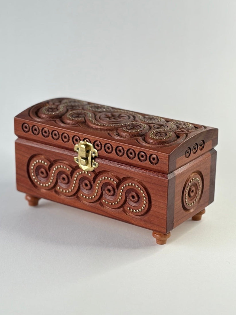 Handmade Dark Rectangular Wooden Box with Carving & Gold Inlay