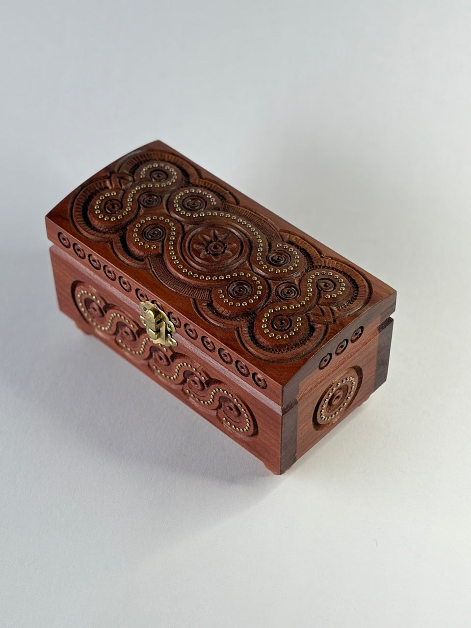 Handmade Dark Rectangular Wooden Box with Carving & Gold Inlay