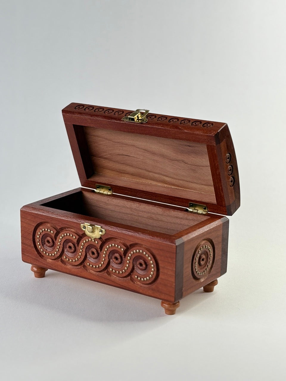 Handmade Dark Rectangular Wooden Box with Carving & Gold Inlay