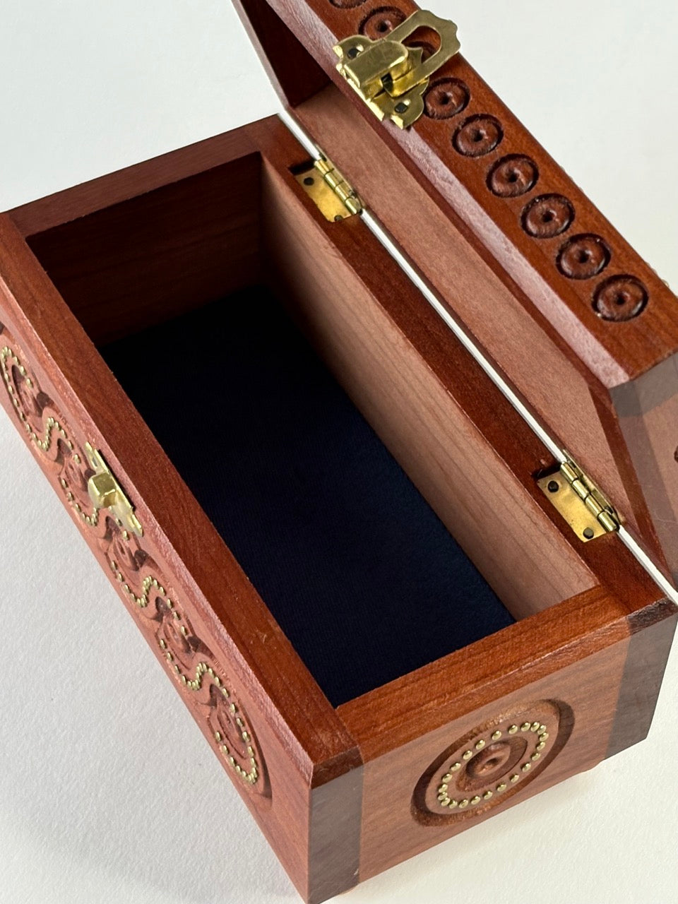 Handmade Dark Rectangular Wooden Box with Carving & Gold Inlay