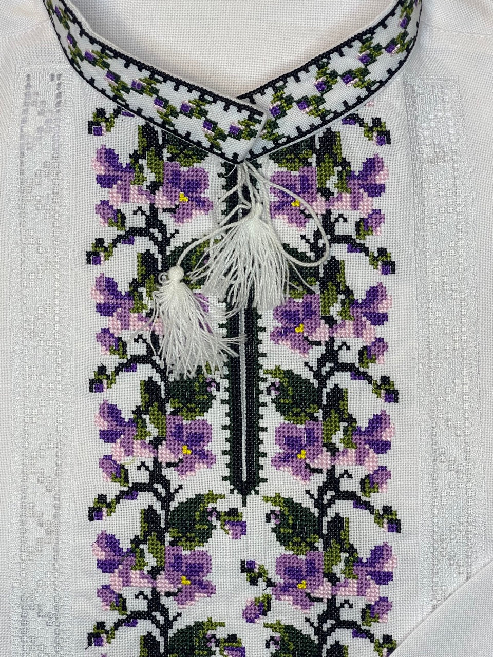 White Men's Vyshyvanka Shirt with Purple Embroidery