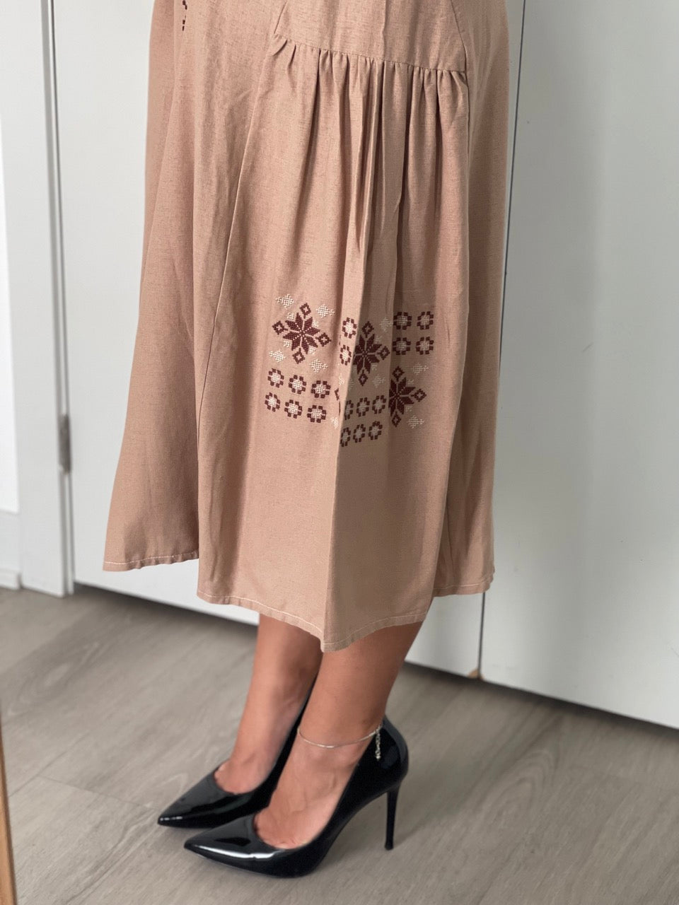 The Beige Dress with Brown Embroidery