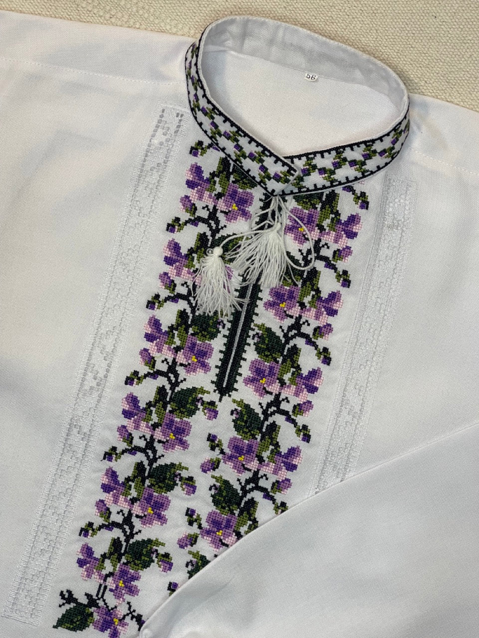 White Men's Vyshyvanka Shirt with Purple Embroidery