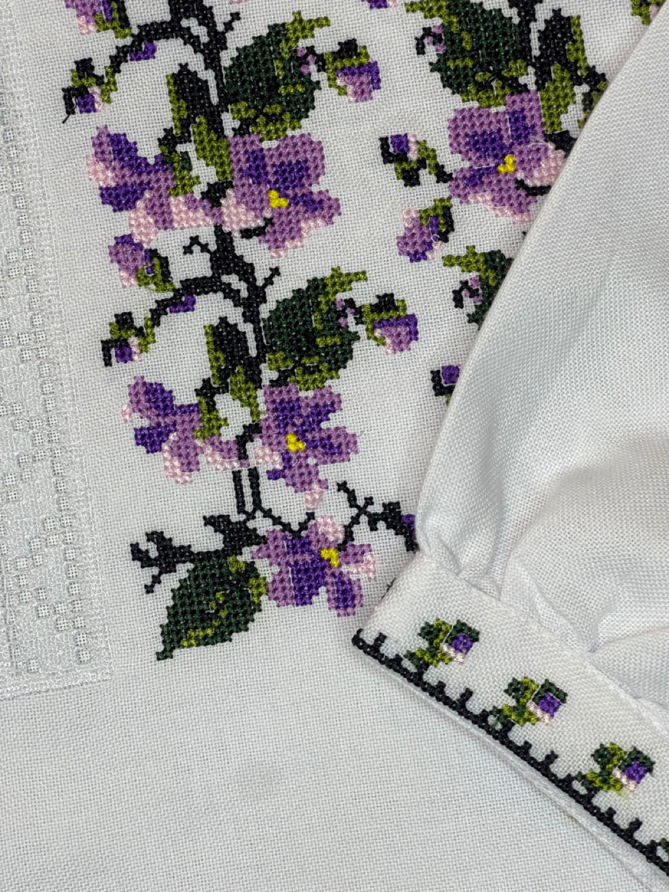 White Men's Vyshyvanka Shirt with Purple Embroidery