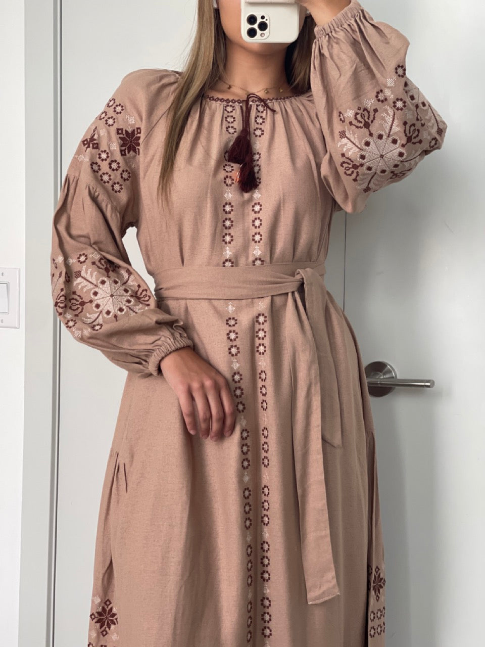 The Beige Dress with Brown Embroidery