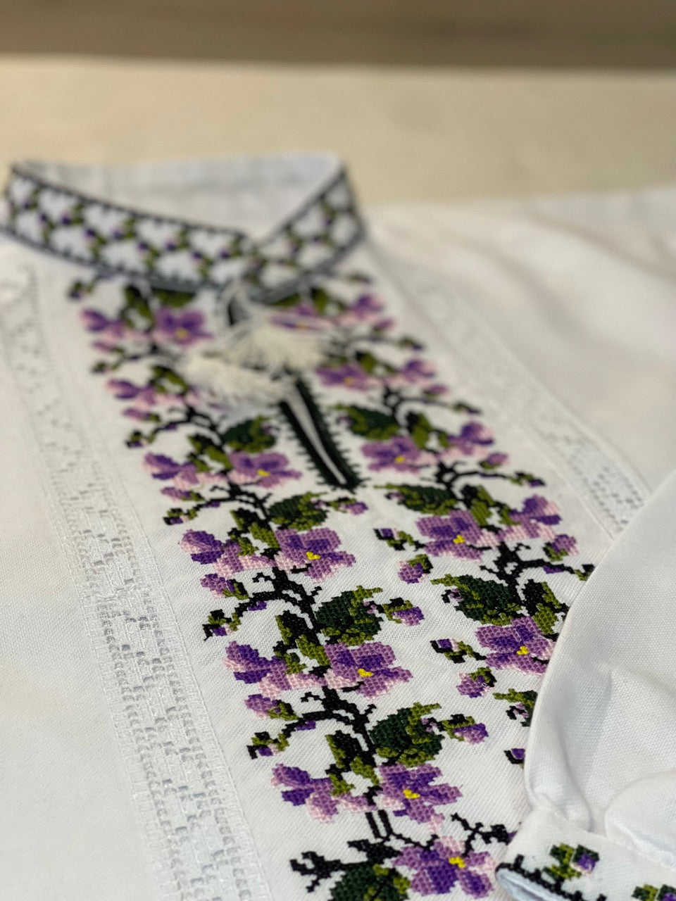 White Men's Vyshyvanka Shirt with Purple Embroidery