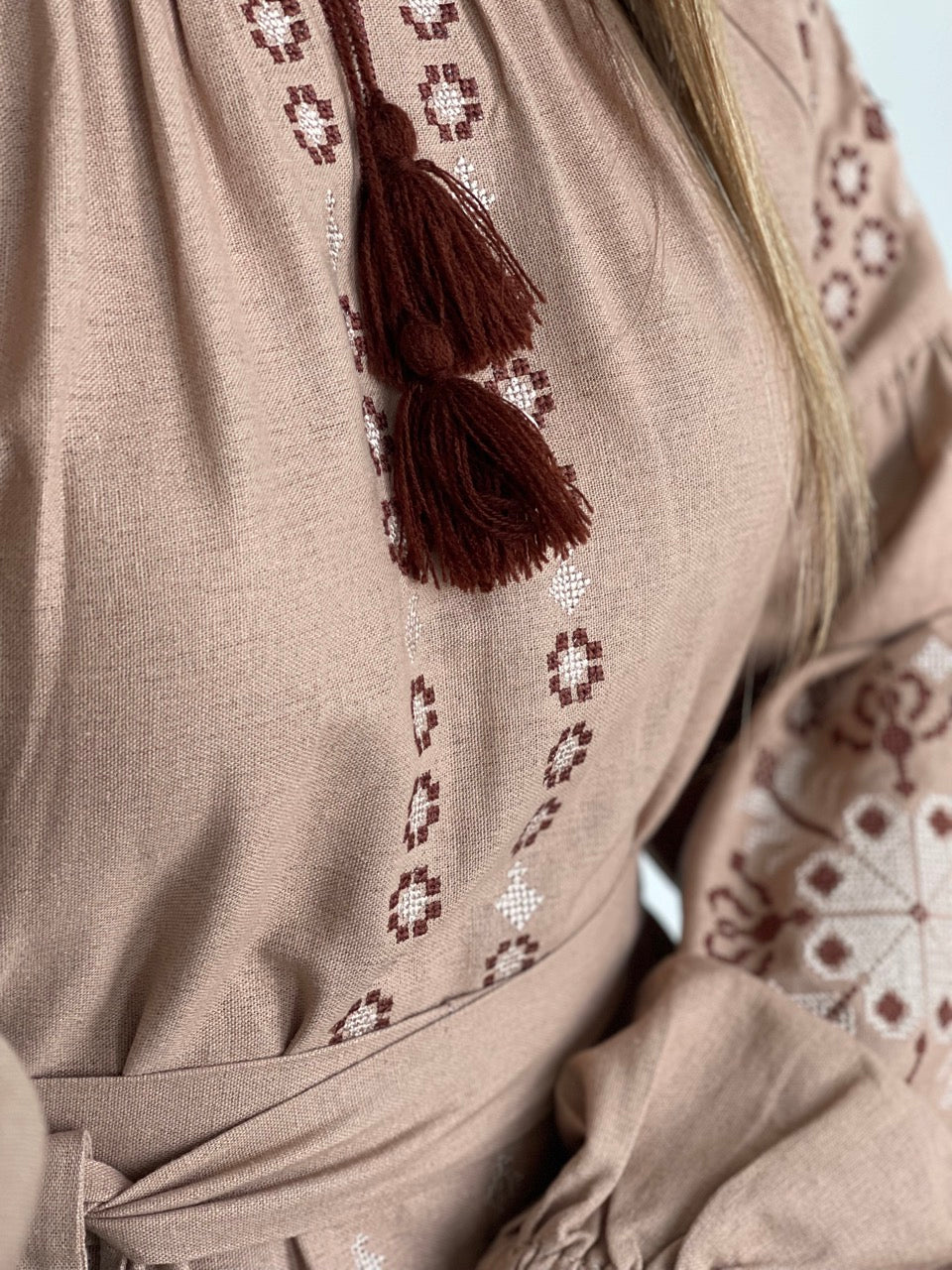 The Beige Dress with Brown Embroidery