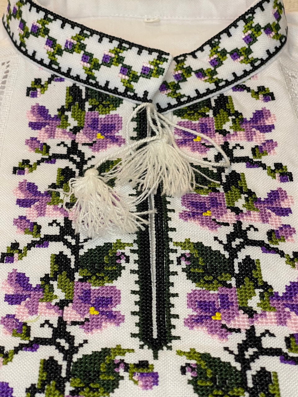 White Men's Vyshyvanka Shirt with Purple Embroidery