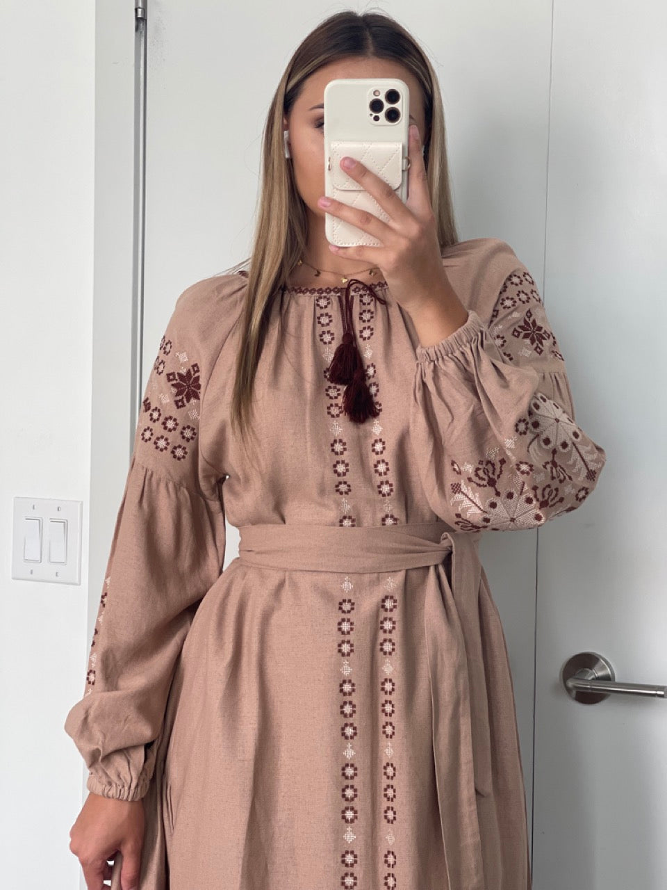 The Beige Dress with Brown Embroidery