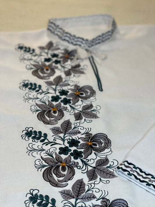 White Men's Shirt with Floral Embroidery on One Side