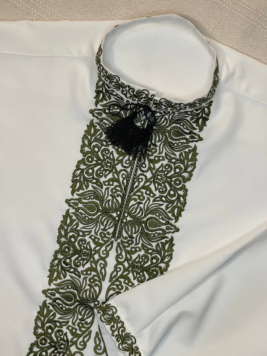 Ivory Men's Vyshyvanka Shirt with Green Embroidery